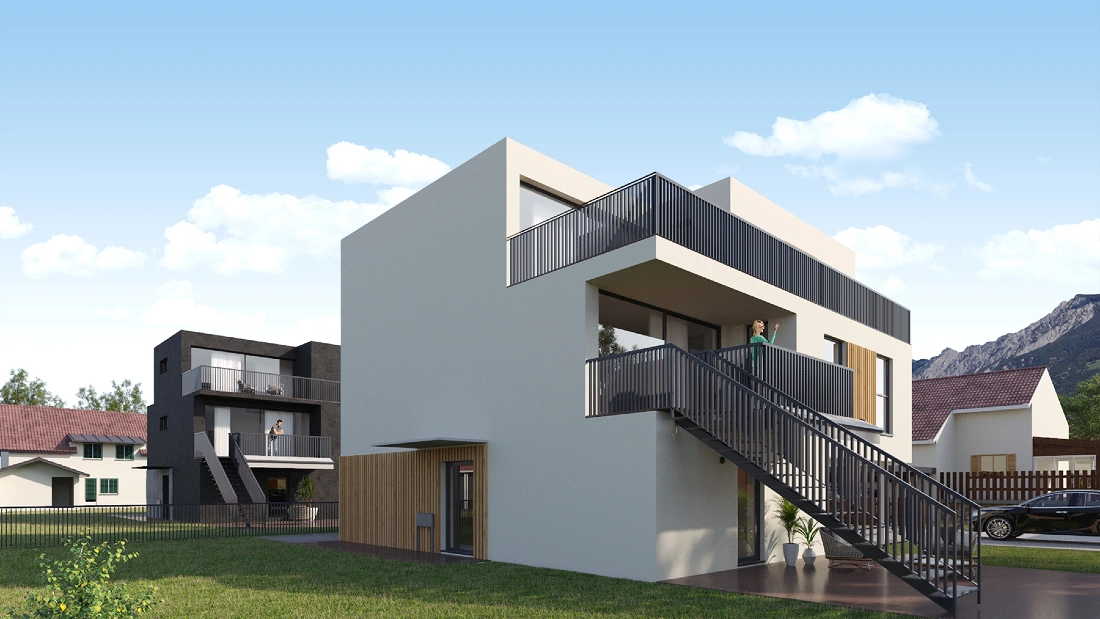 Rendering der Aussenansichten für das Projekt Mehrfamilienhaus in Sevelen